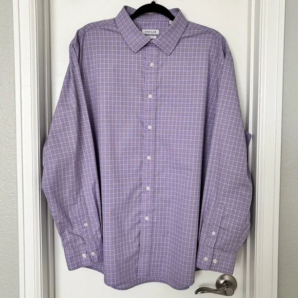 Haggar • Men's Classic Fit Lavender Plaid Button Down Shirt - Wrinkle Resistant - Picture 1 of 12